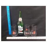 VTG 7UP Bottle w/ 3 Glass Tumblers