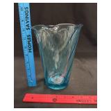 Vtg Hazel Atlas Glass Turquoise Swirl Vase 9'