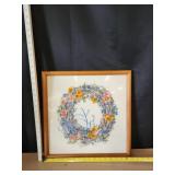 Framed 3D Crewel Embroidery Floral Wreath