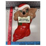 Christmas Ceramic Dog in Stocking Wall Hanger