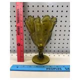 Vtg Golden Amber Glass Ruffled Edge Compote