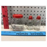 Vtg Glass w/ Red Top Salt & Pepper Shaker & Jar