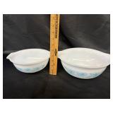 (2) VTG Glassbake Milk Glass Blue Thistle Flower