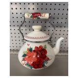 Pioneer Women Rose Enamel 1.9 Quart Tea Kettle