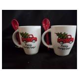 (2) Ceramic Christmas Mugs w/ Spoons 11oz.