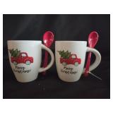(2) Ceramic Christmas Mugs w/ Spoons 11oz.