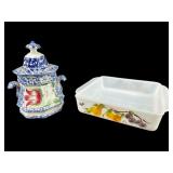 FIRE KING CASSEROLE BOWL AND BLUE AND WHITE SUGAR
