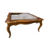 FRENCH PROVINCIAL CHERRY GLASS TOP COCKTAIL TABLE