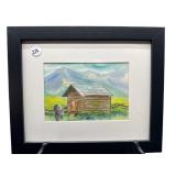 FRAMED CABIN WATERCOLOR SCENE
