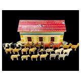 SET OF MINIATURE FARM ANIMALS IN BARN HOUSE