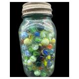 JAR OF ANTIQUE SWIRL & SPECKLED MARBLES