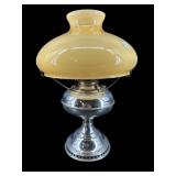 KEROSENE LAMP WITH AMBER CASED GLASS SHADE