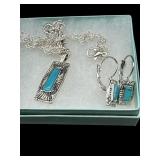 3 PC SILVER TONE FAUX TURQUOISE EARRINGS/NECKLACE