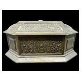 SMALL ANTIQUE BRASS FELT LINED JEWELRY CASKET BOX