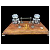 ANTIQUE ROSEWOOD GLASS INKWELL SET
