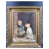 ANTIQUE PAINTING GIRL WITH DOG AS IS