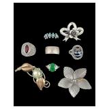 8 PC LOT OF STERLING RINGS & BROOCH/PINS