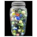 JAR OF ANTIQUE SWIRL SPECKLED MARBLES