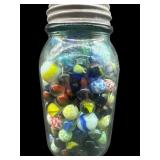 JAR OF ANTIQUE SWIRL & SPECKLED MARBLES