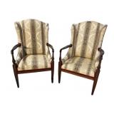 2 HIGH BACK SOLID MAHOGANY FRAMED OPEN ARM CHAIRS