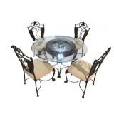 CHERRY AND IRON GLASS TOP TABLE AND 4 CHAIRS