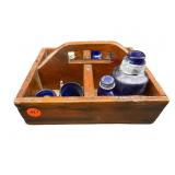 WOODEN TOILETRY CADDY WITH MEDICINE BOTTLES