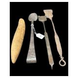 ANTIQUE WOODEN DIBBLE & 3 WROUGHT IRON TOOLS