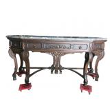HEAVY CARVED WALNUT MARBLE TOP SIDEBOARD