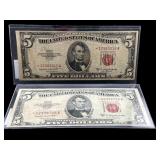 2 STAR NOTES 1953 B $5 RED SEAL FINE