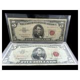 2 1963 $5 RED SEAL NOTES FINE