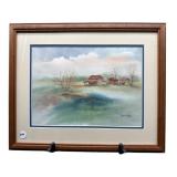FRAMED WATERCOLOR PRINT FARM SCENE