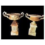 2 LARGE ANTIQUE CAST IRON URNS ON PEDESTALS
