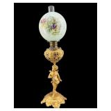 GOLD FIGURAL CHERUB OIL LAMP WITH BALL SHADE