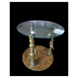 ITALIAN BRASS FIGURAL CARVED GLASS TOP END TABLE