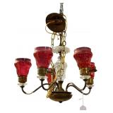 CRANBERRY CRYSTAL AND BRASS 5 LIGHT CHANDELIER