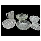 LARGE LOT OF 7 PRESSED GLASS BOWLS, PITCHER