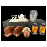 LOT OF BOOKENDS, GLASS VASE, ETC.