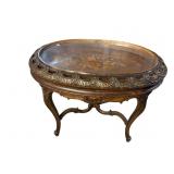 WALNUT INLAID CARVED COLLECTORS TABLE