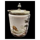 ANTIQUE PORCELAIN FARM SCENE BISCUIT JAR WITH LID