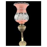 TALL KEROSENE BANQUET LAMP WITH LARGE ETCHED SHADE