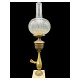 ANTIQUE OIL LAMP WITH CHIMNEY AND ETCHED SHADE