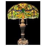 TIFFANY STYLE JEWELED LEADED GLASS TABLE LAMP