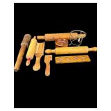 LARGE LOT OF WOODEN ROLLING PINS, OTHER KITCHEN
