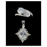 2 PC SILVER TONE CLEAR STONE RING & PENDANT