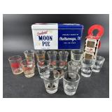 LOT OF ADVERTISING SHOT GLASSES, MOON PIE TIN
