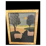 FOLK ART SHEEP SCENE ON CANVAS