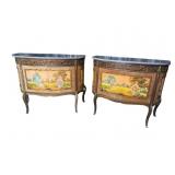 2 SPANISH MADE BRONZE ADORNED MARBLE TOP COMMODES