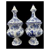 2 BLUE AND WHITE FLORAL CERAMIC COVERED JARS