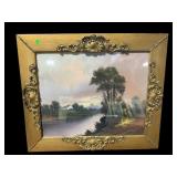 OIL PAINTED ORNATE FRAMED POND SCENE PAINTING