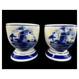 PR OF BLUE AND WHITE VILLAGE EGG CUPS